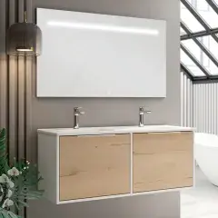 Meuble de salle de bain simple vasque 2 façades et 4 tiroirs ALBA et miroir Led STAM blancChêne 120cm - COSYNEO - DUOXALBA120STAM2FBLAROB Retour Gratuit