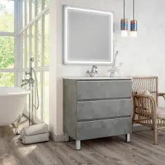 Offre Du Jour Meuble de salle de bain simple vasque 3 tiroirs PALMA et miroir Led VELDI ciment (gris) 60cm - COSYNEO - ING3CPALMA60VELDICIM