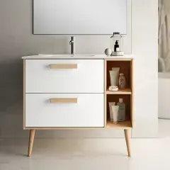 Promotion Saisonnière Meuble de salle de bain vasque déportée 2 tiroirs sans miroir MALIA blanc 80cm - COSYNEO - MALMALIA80BLAB
