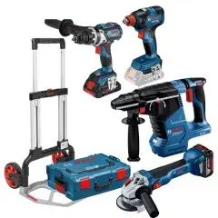 Kit 4 outils 18V (GSR110 + GDX210 + GWS10 + GBH24) + 3 batteries + chargeur + coffret L-BOXX + diable - BOSCH Livraison Express