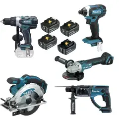 Super Prix Pack de 5 outils 18V (DDF458/DTD152/DGA504/DHR202/DSS610) + 3 batteries 5Ah + 1 batterie 4 Ah + chargeur