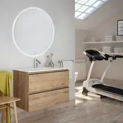 Meuble de salle de bain simple vasque 2 tiroirs TOURA et miroir rond Led SOLEN roble (chêne clair) 80cm - COSYNEO - INGBLTOURA80SOLEN Réduction