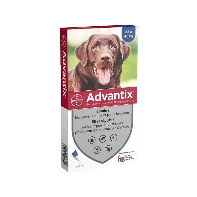 4 PIPETTES ANTIPARASITAIRES CHIENS 25-40KG – BAYER ADVANTIX Commande En Gros