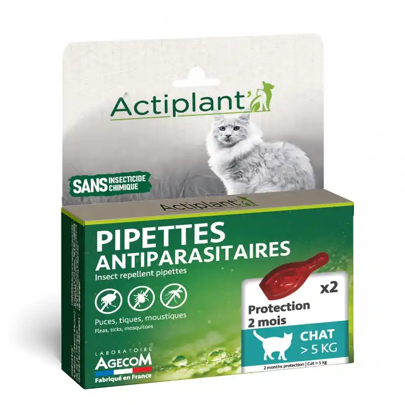 2 PIPETTES ANTIPARASITAIRES GRANDS CHATS +5KG – ACTIPLANT Authentique