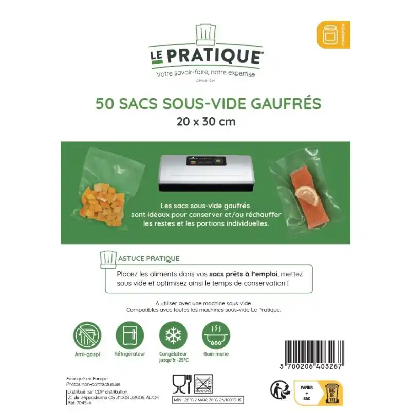 SACS SOUS VIDE GAUFRÉS 20 X 30 CM - POCHE DE 50 SACS - LE PRATIQUE Petit Prix