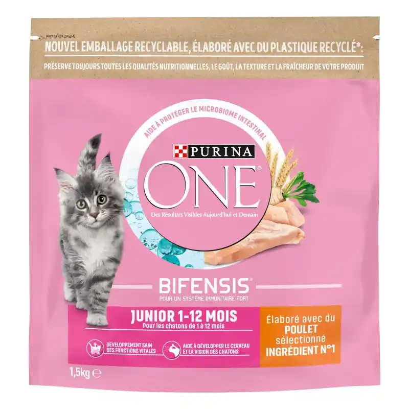 CROQUETTES CHATON PURINA ONE JUNIOR – DE 1 À 12 MOIS – AU POULET ET AUX CÉRÉALES COMPLÈTES – 1,5 KG Certifié