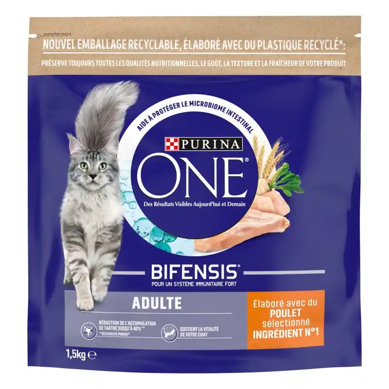 CROQUETTES CHAT PURINA ONE CHAT ADULTE – AU POULET ET CÉRÉALES COMPLÈTES – 1,5 KG Certifié